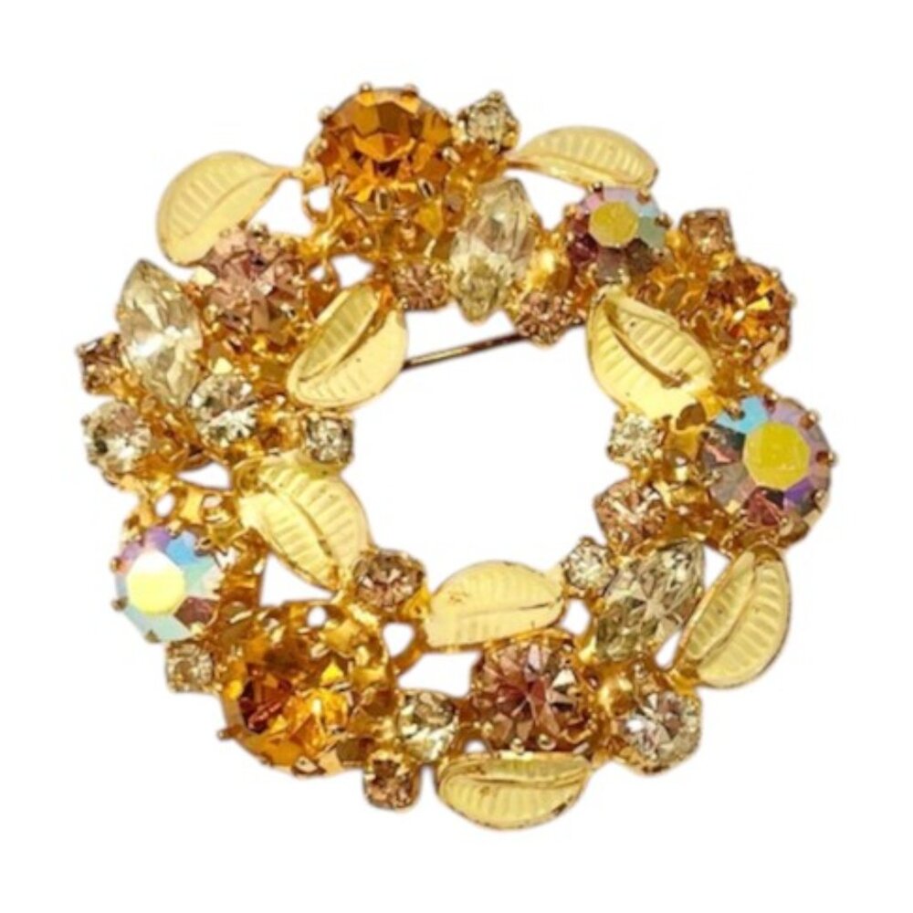 Vintage Aurora Borealis Crystals and Leaves Wreath Brooch Pin